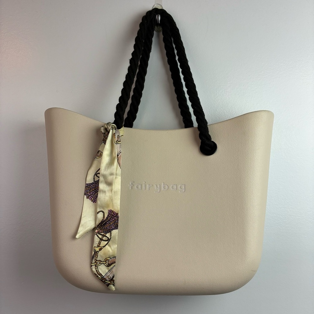 Fairybag Cream Colored Rubber Tote Bag w/Rope Handles & Scarf